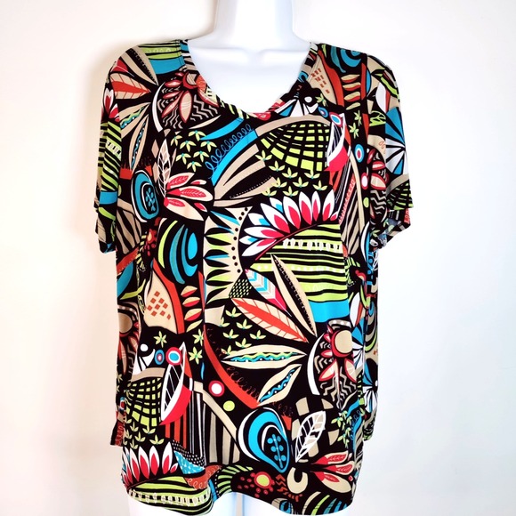 Laura Ashley Women L Abstract Multicolor Spandex Short Sleeve Western Artsy L - Picture 1 of 6
